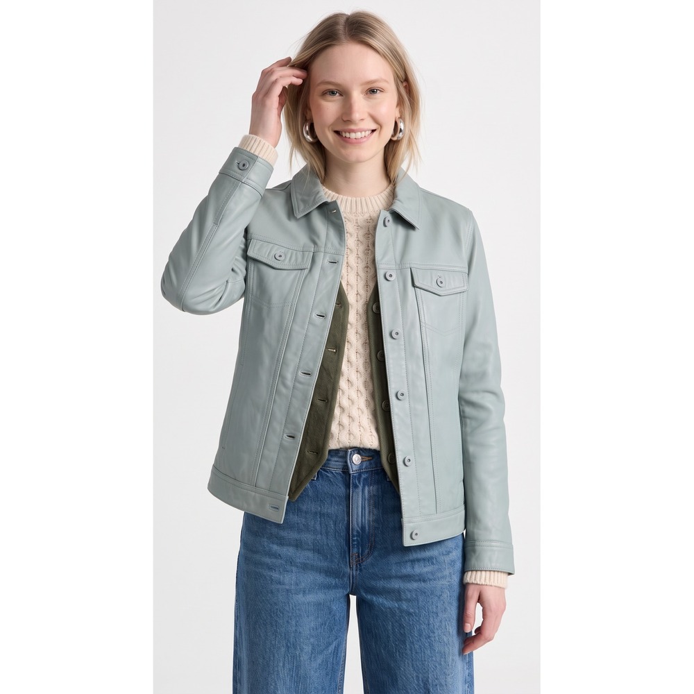 NWOT Vintage Leather Denim & Co Foggy Blue Leather Trucker Jacket Size L Y2K